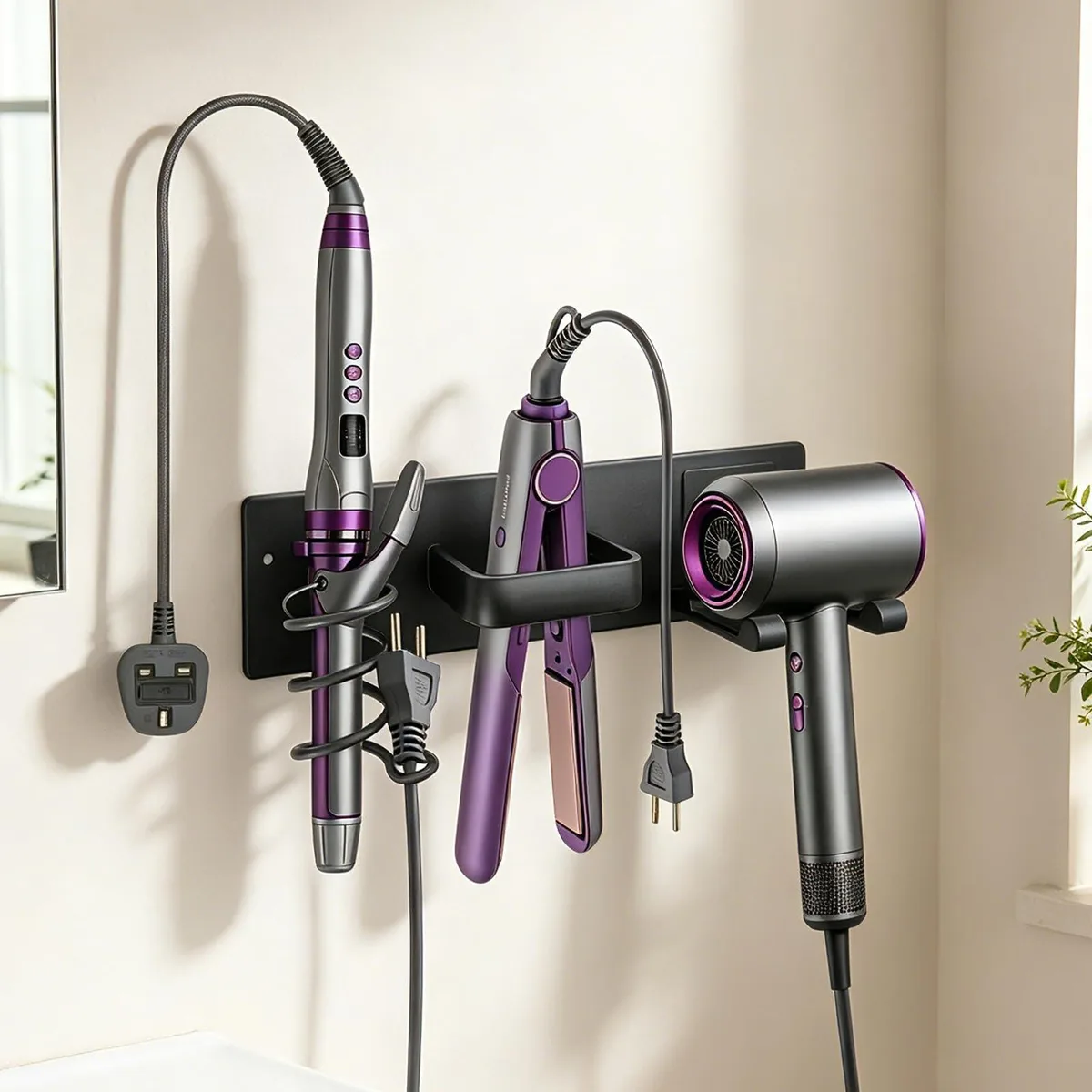 Wall-mounted aluminum hair tool organizer with three open slots for dryer, curling iron, straightener