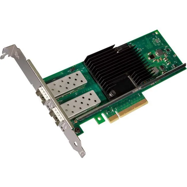 Green circuit board with silver metal bracket and two SFP+ cages