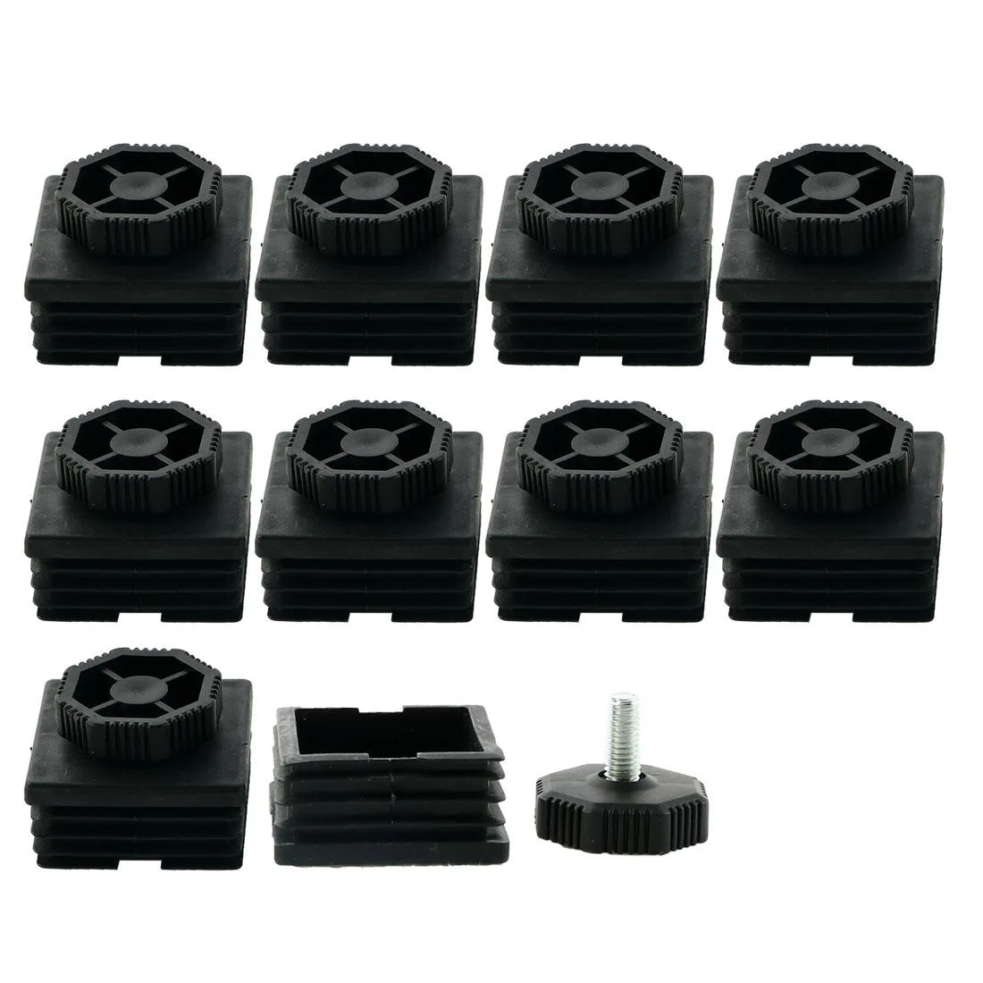 Ten adjustable leveling feet with 50mm square tube inserts