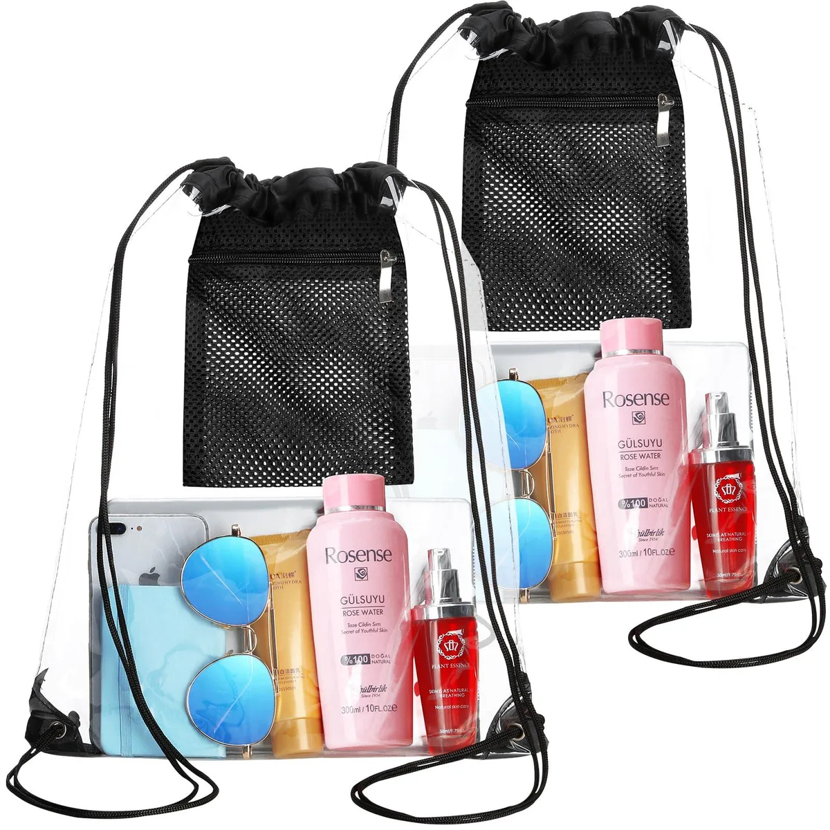 Two clear PVC drawstring backpacks, black mesh pocket, 16.5 by 13.5 inches