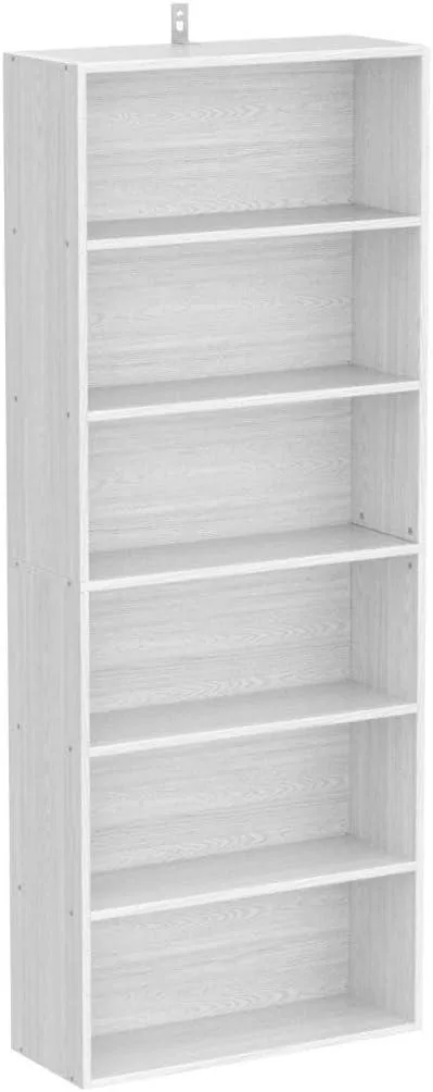 White six-tier bookshelf, tall freestanding unit with clean lines