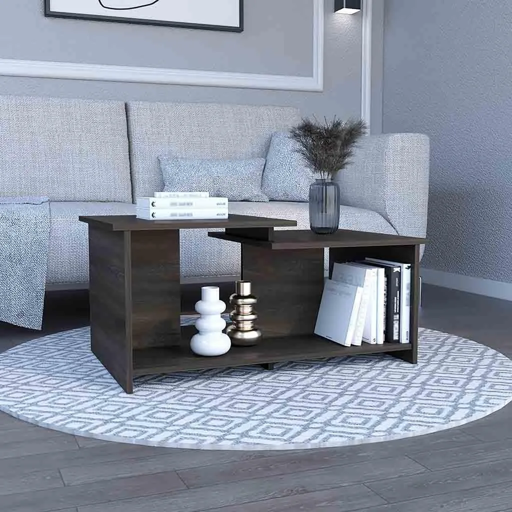 Rectangular espresso coffee table with open lower shelf, particle board construction
