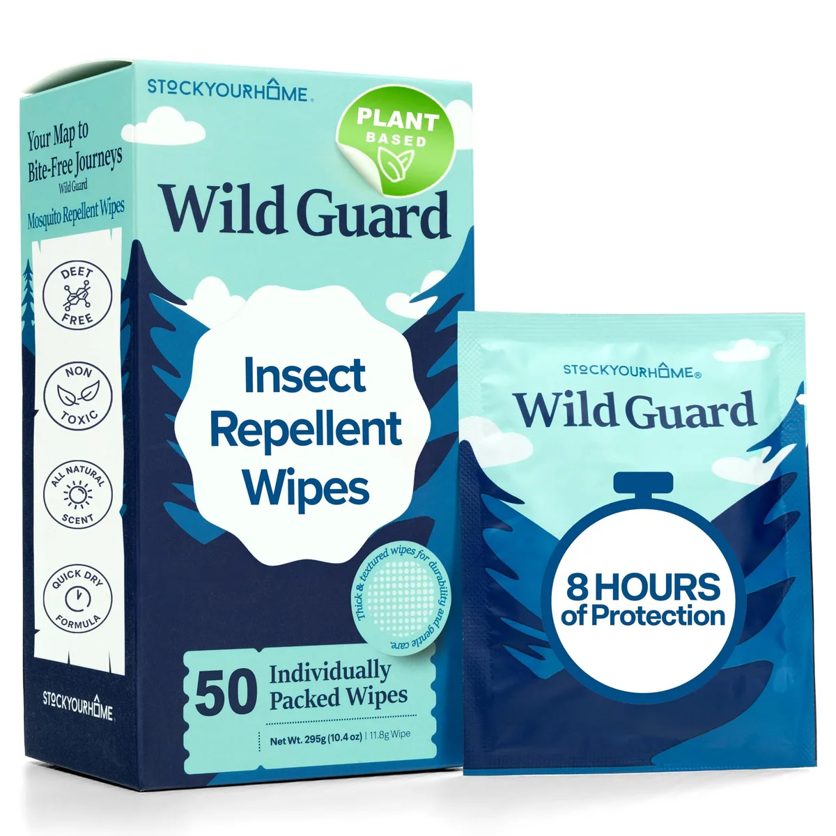 White rectangular box containing 50 individually wrapped mosquito repellent wipes