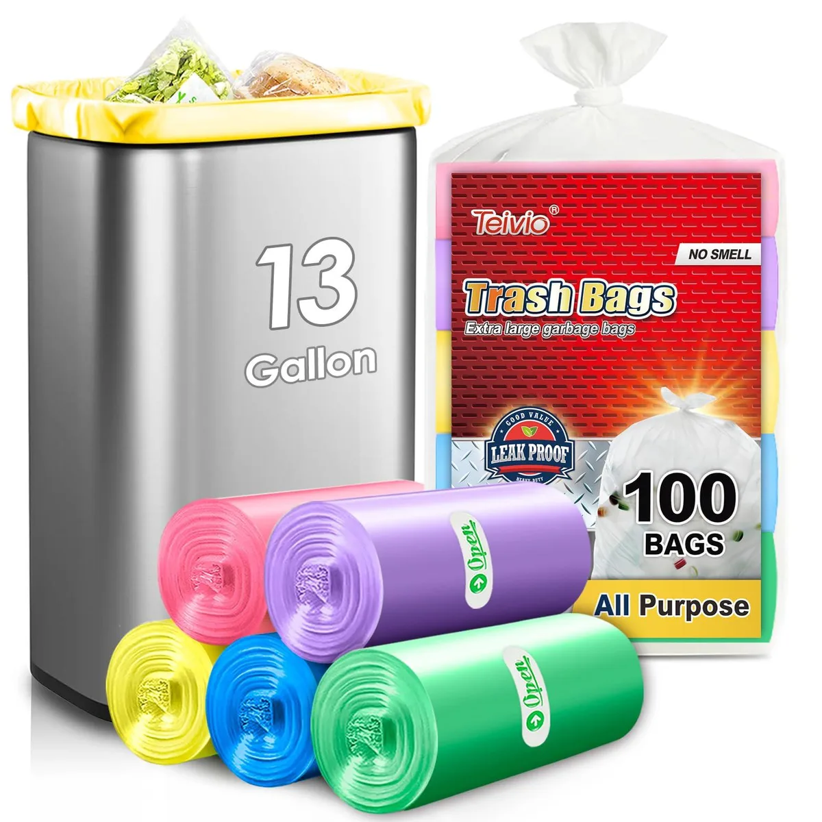 Multicolour translucent plastic garbage bags on a roll, 13 gallon 100 count
