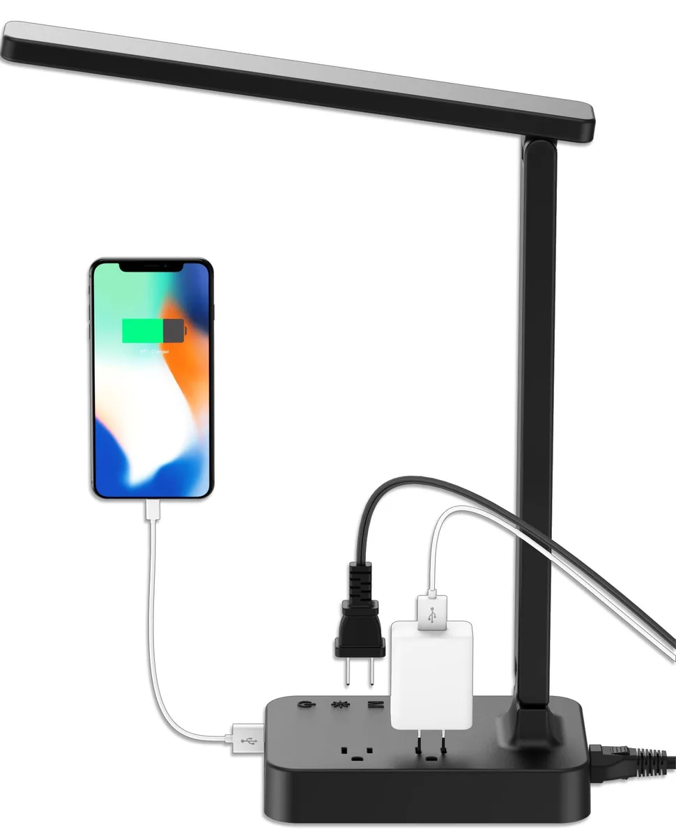 Black rectangular foldable table lamp with touch control, USB port and two AC outlets