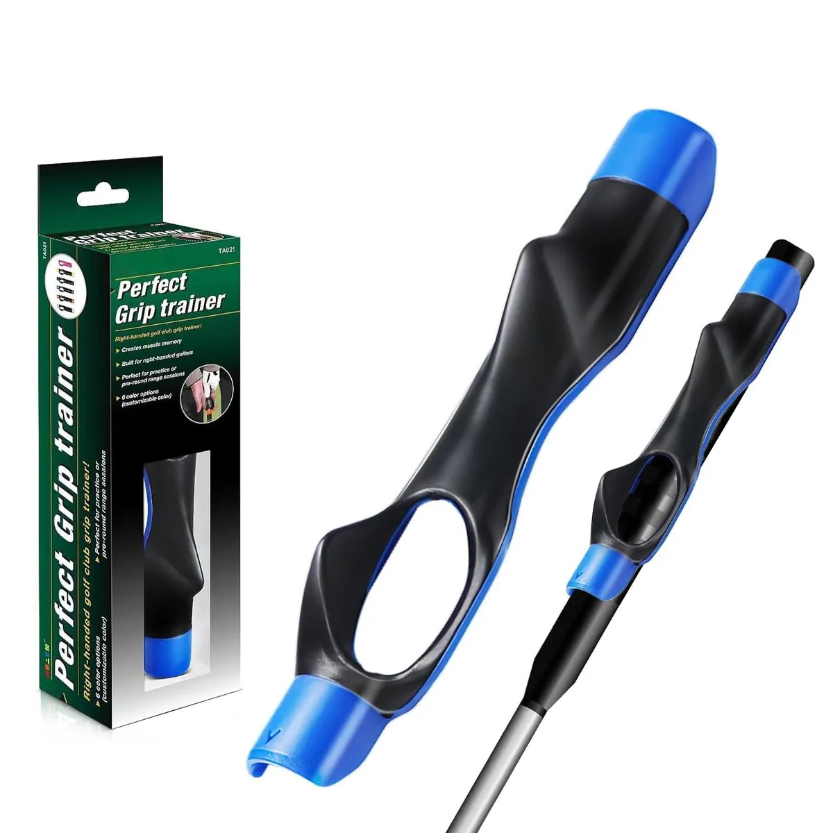 Blue golf grip trainer on club shaft