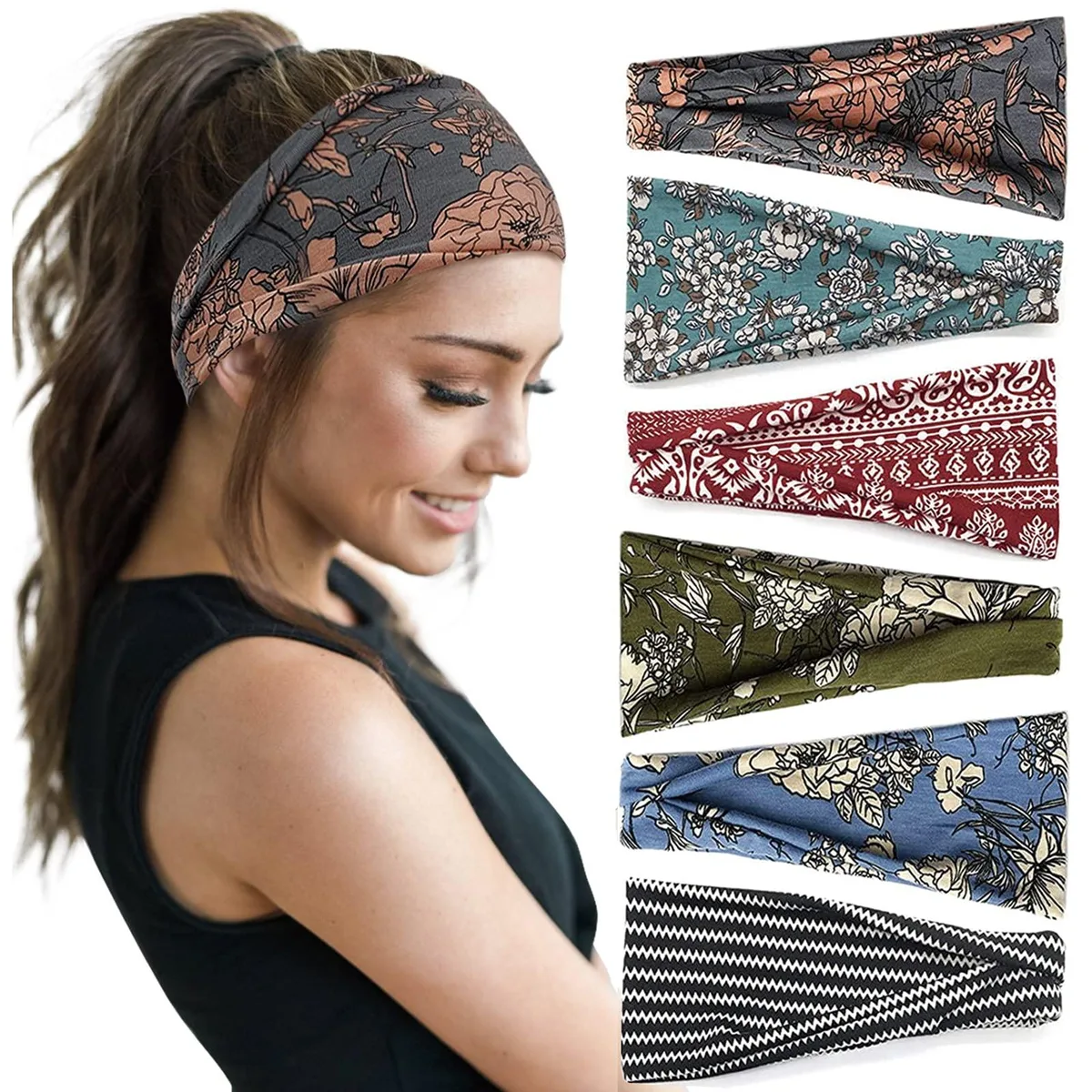 Six multicolour fabric headbands laid flat showing tapered shape and soft jersey texture