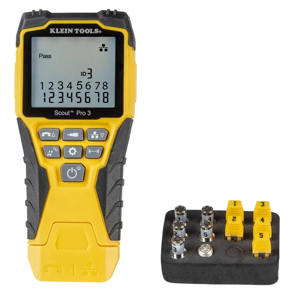 Yellow handheld cable tester with backlit LCD screen, five small locator remotes, and assorted adapters in a compact case