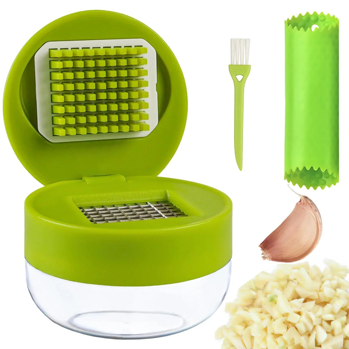 Stainless steel garlic press set with peeler and brush, green finish