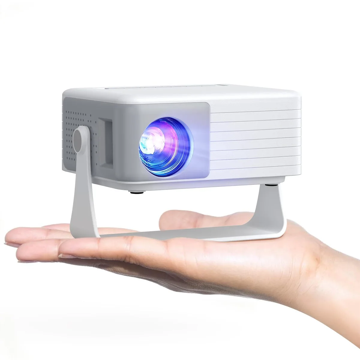 Compact black LCD projector with built-in rotating stand