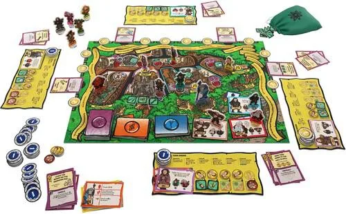 Boxed tabletop game with illustrated board, character standees, tokens, cards and rulebook