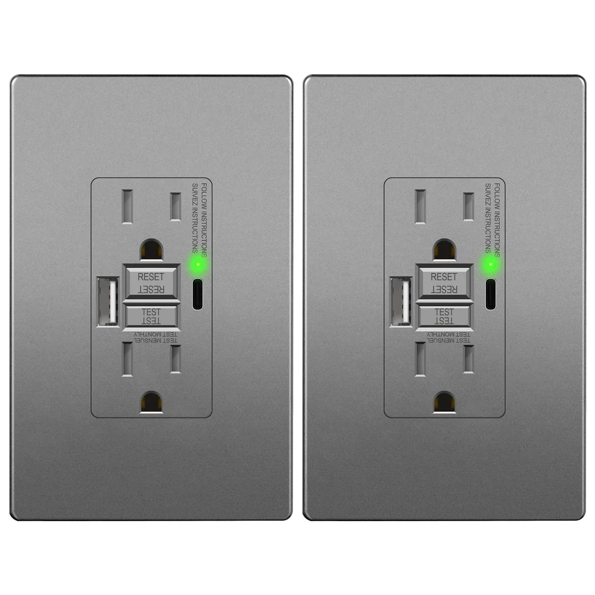 Space gray GFCI outlet with USB-A and USB-C ports and screwless wall plate