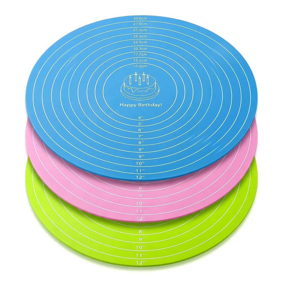 Three round blue silicone mats with printed guides, 11.8 inch diameter