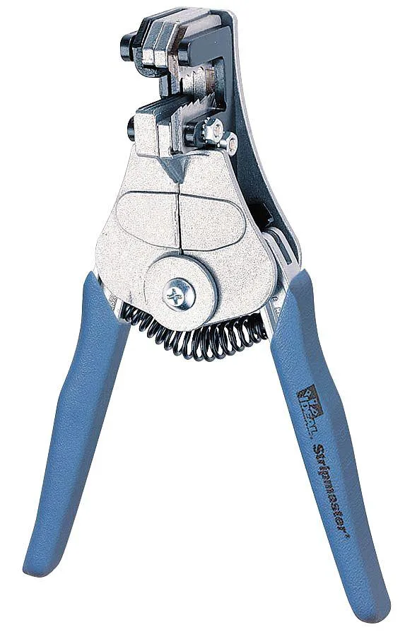 Yellow die-cast zinc wire stripper with cushioned handles and spring return jaws