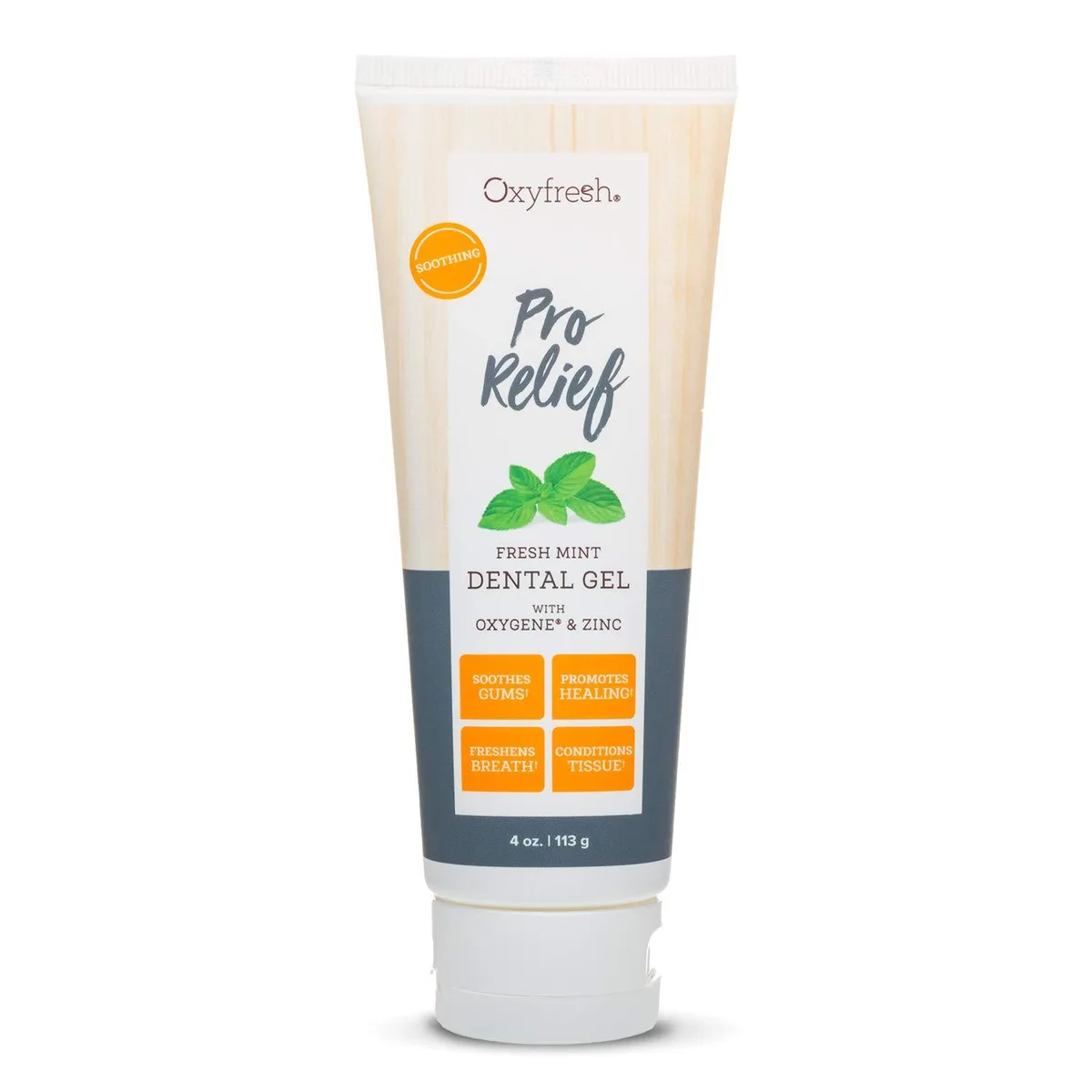 White 4 oz squeeze tube with flip-top cap and Oxyfresh branding