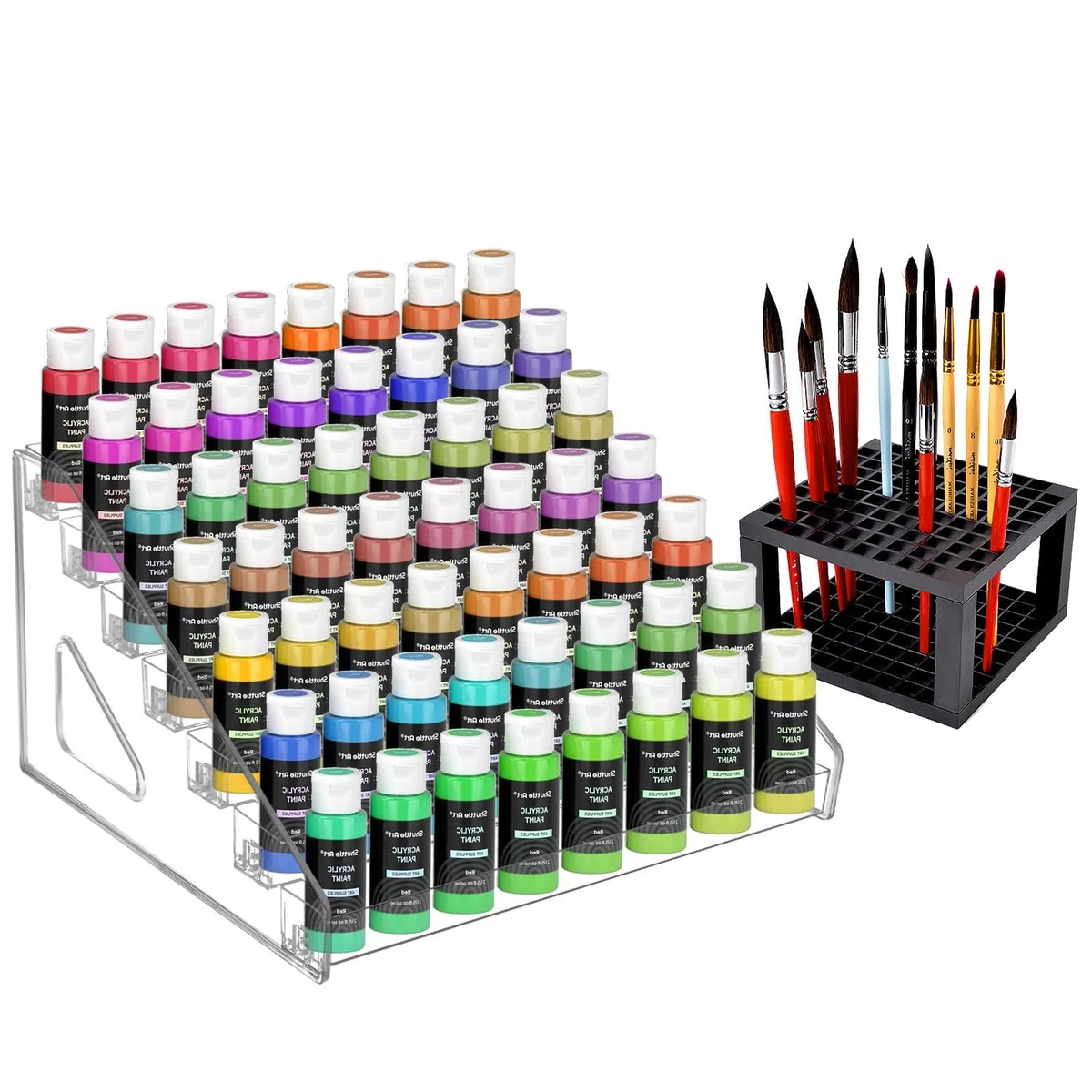 Clear acrylic seven-tier paint rack with matching brush holder