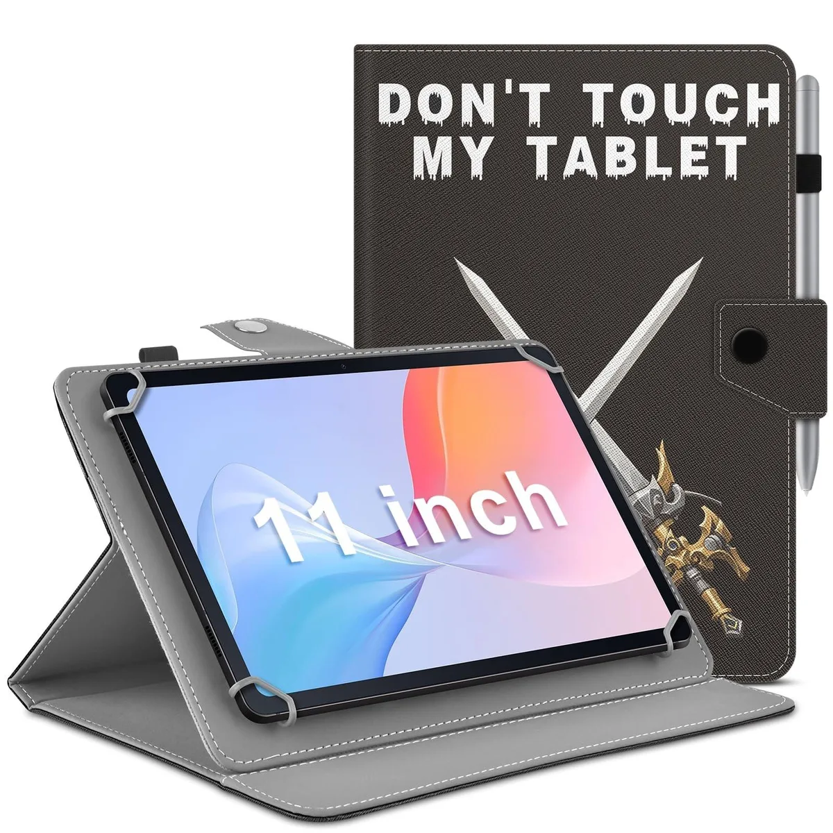 Universal 11 to 12 inch tablet folio case in synthetic leather with four corner elastic straps and fold stand
