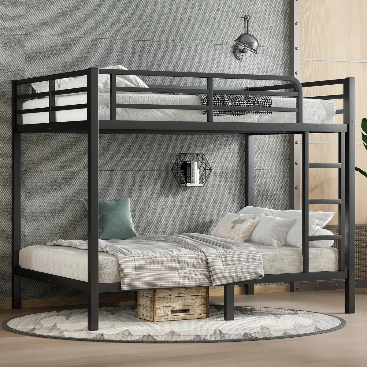 Black metal full-over-full bunk bed with guardrails and slatted bases