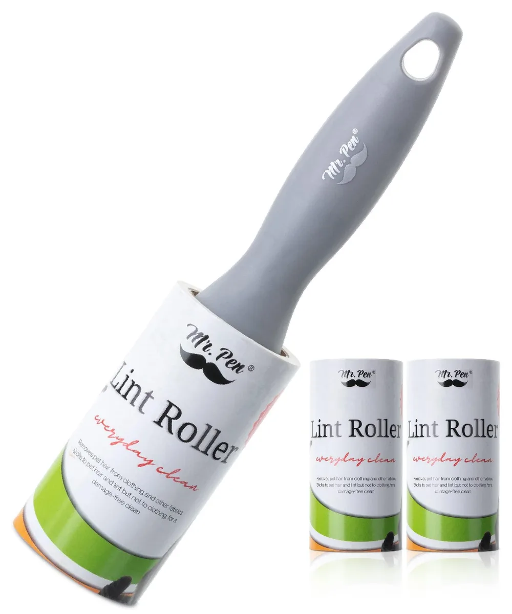 White plastic lint roller handle with three refill rolls, 270 sheets total