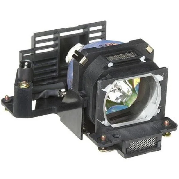 A rectangular projector lamp module in a black plastic housing with a silver metal frame and a round glass bulb visible at the front
