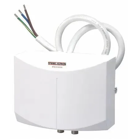 Compact white rectangular undersink water heater, smooth plastic casing, compression inlet, 12/2 cord visible