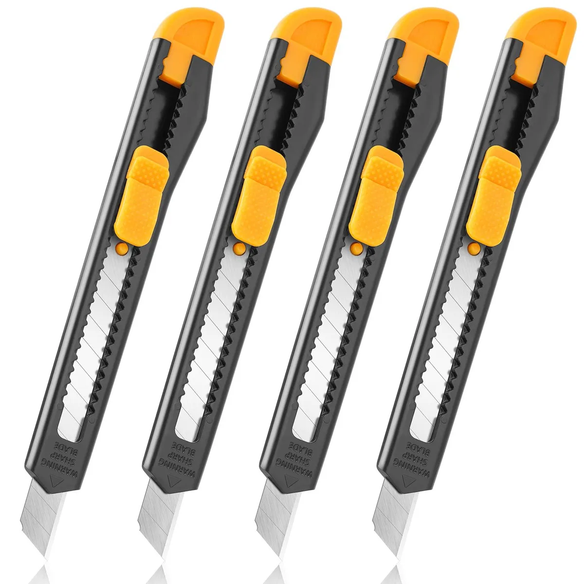 Four orange retractable utility knives with snap-off blades