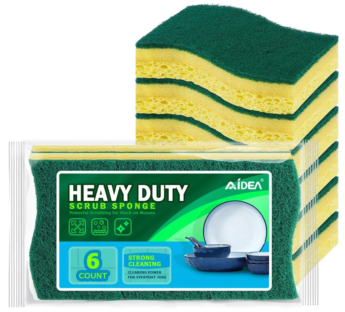 Six rectangular yellow sponges with green scrubbing pads stacked together