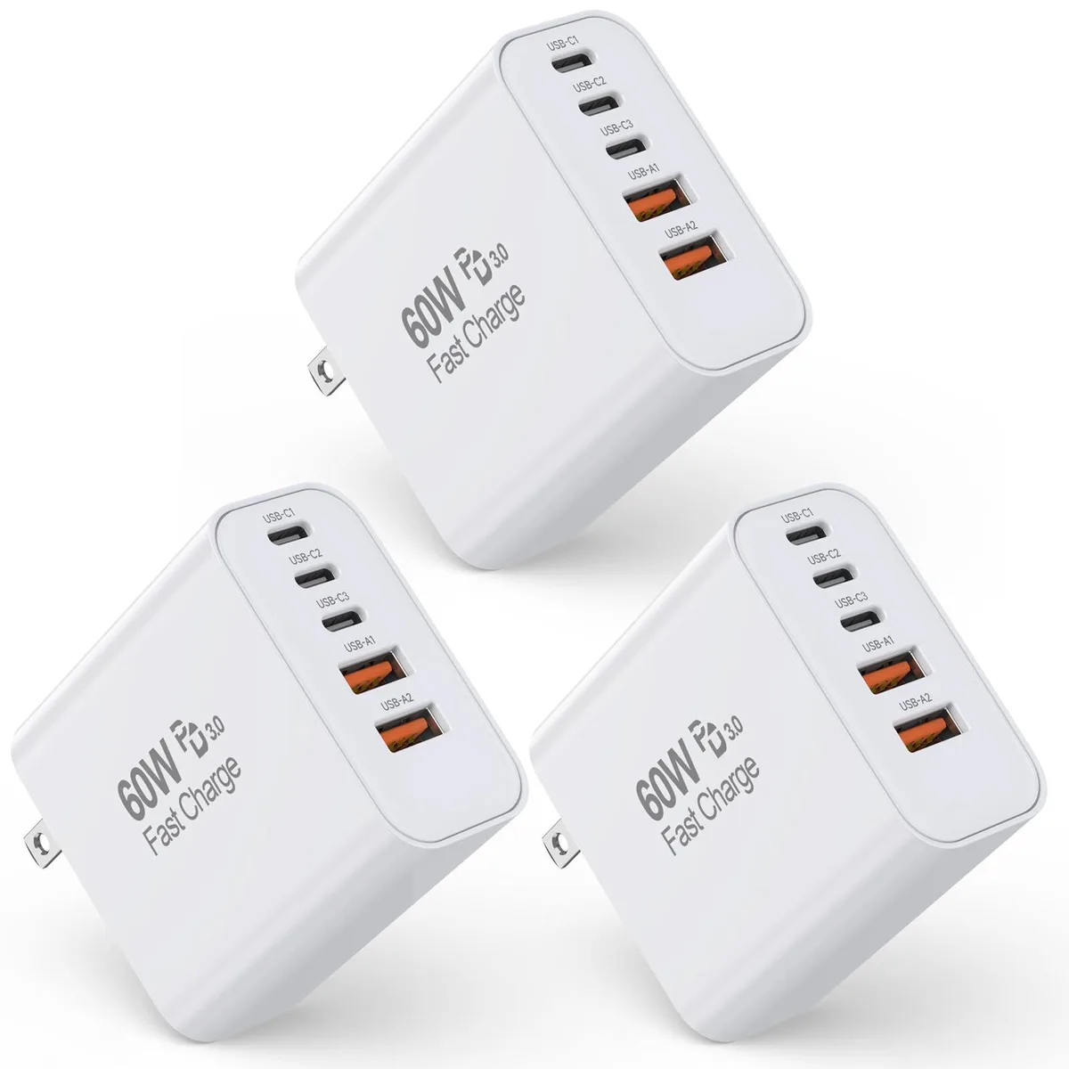 Three white cube chargers each with five ports two USB-A three USB-C