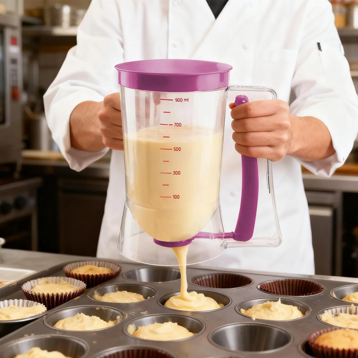 Purple plastic batter dispenser with squeeze handle and measuring label, 0.9 litre capacity
