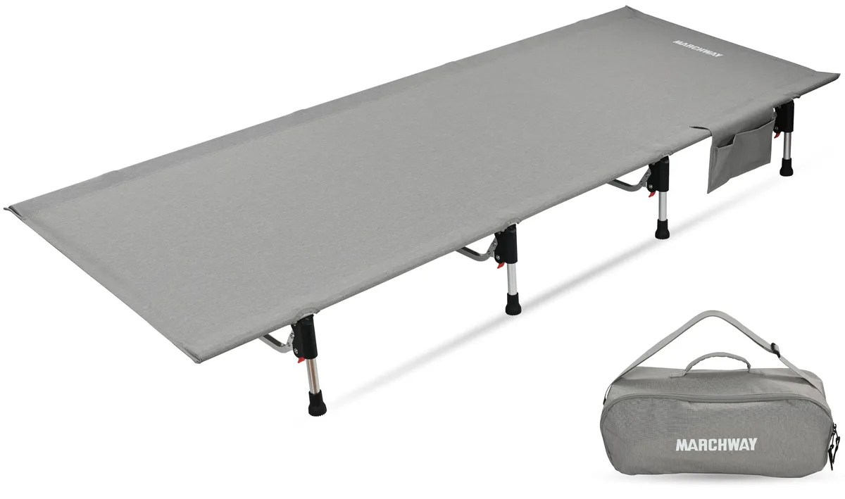 Grey folding cot with aluminium frame and nylon fabric, 6.5 lbs, packs to 17x7x6 inches