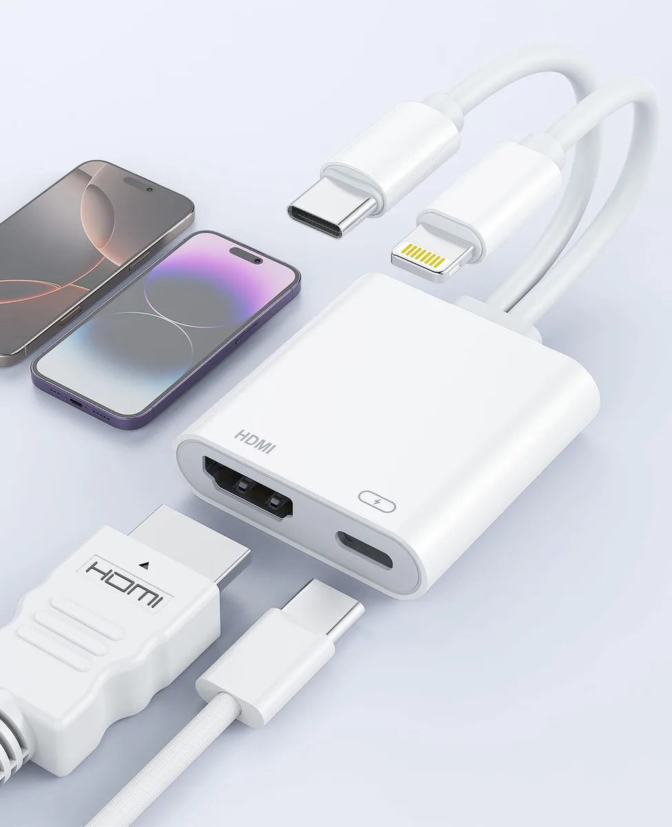 Black adapter with USB-C and Lightning plugs to HDMI port