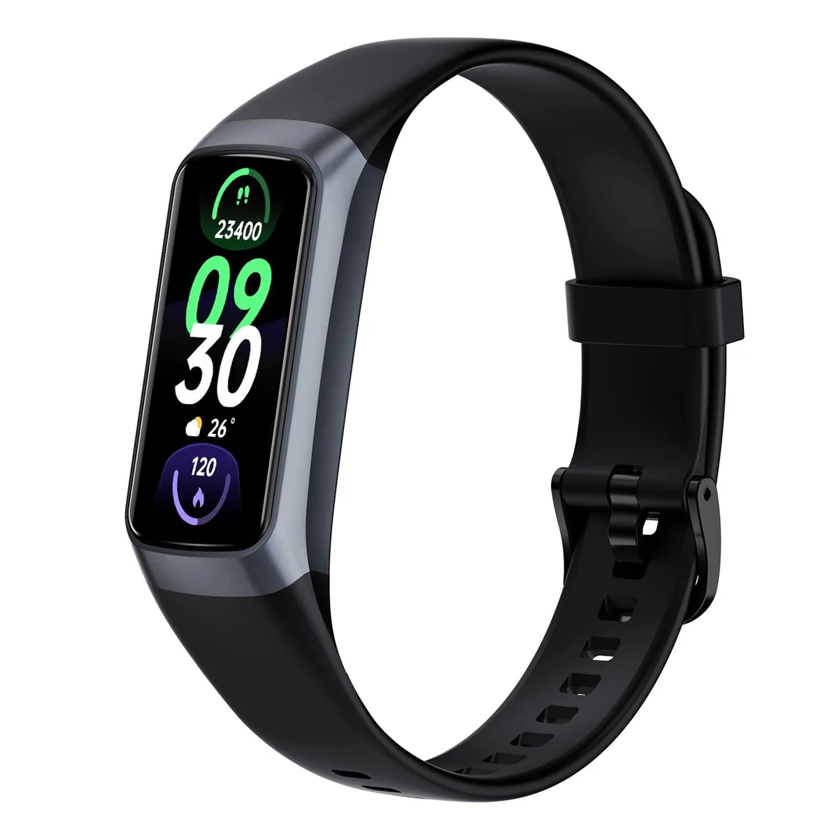 Black smart watch with 1.10 inch AMOLED touchscreen and black silicone band