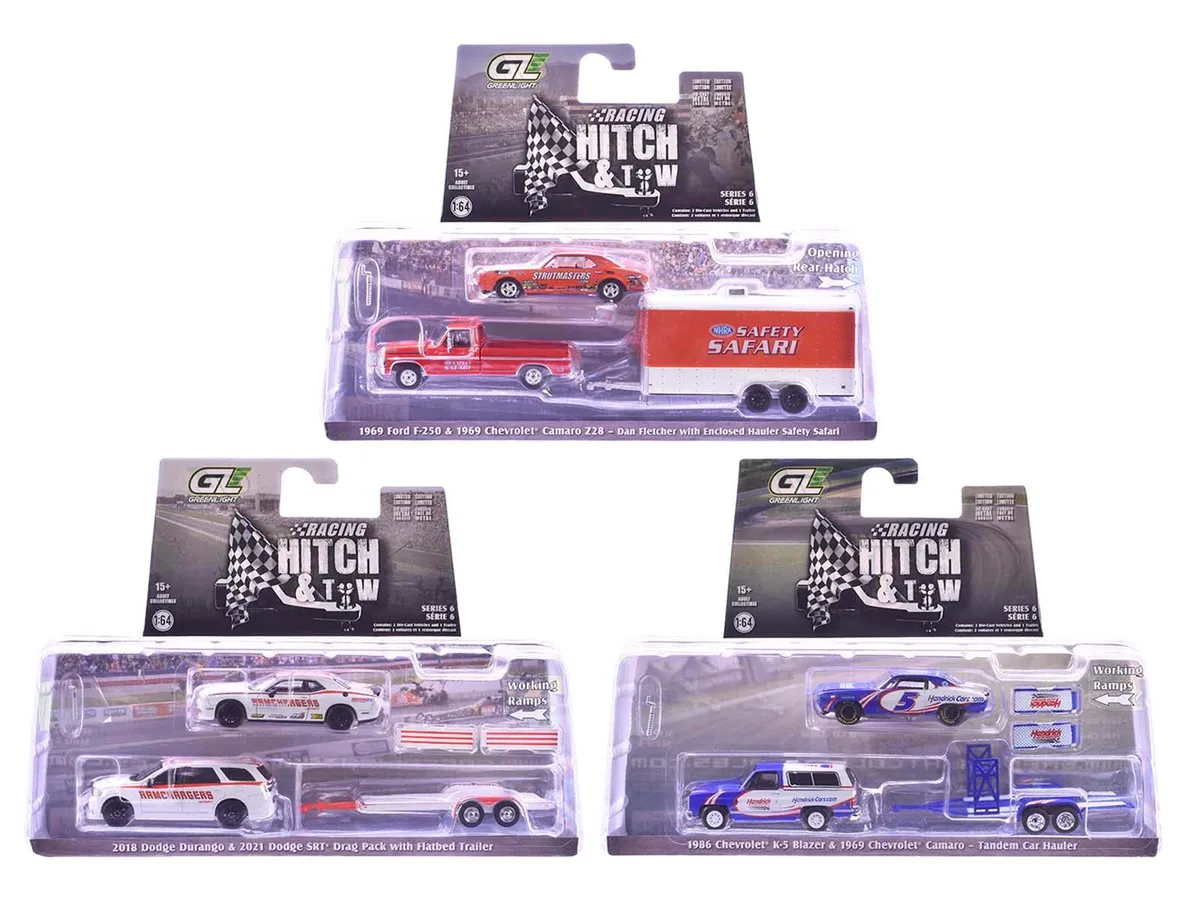 GREENLIGHT GREENLIGHT "Racing Hitch &amp; Tow" Series #6 1/64 Diecast 3-Piece Set — product photo