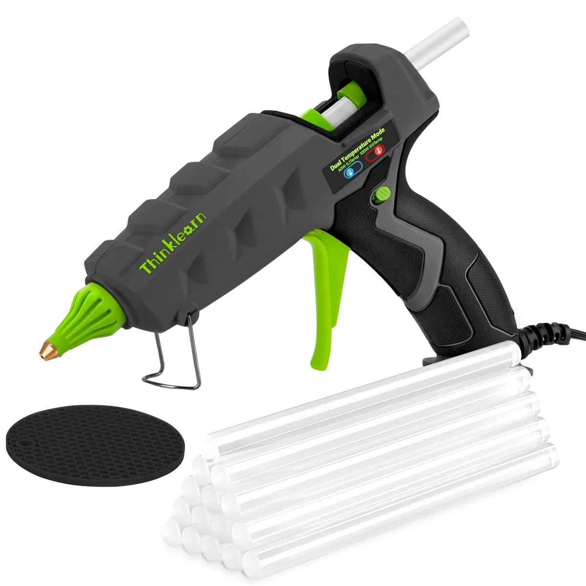Full-size dual-power glue gun in white with gray accents, corded, 15 glue sticks and silicone pad included