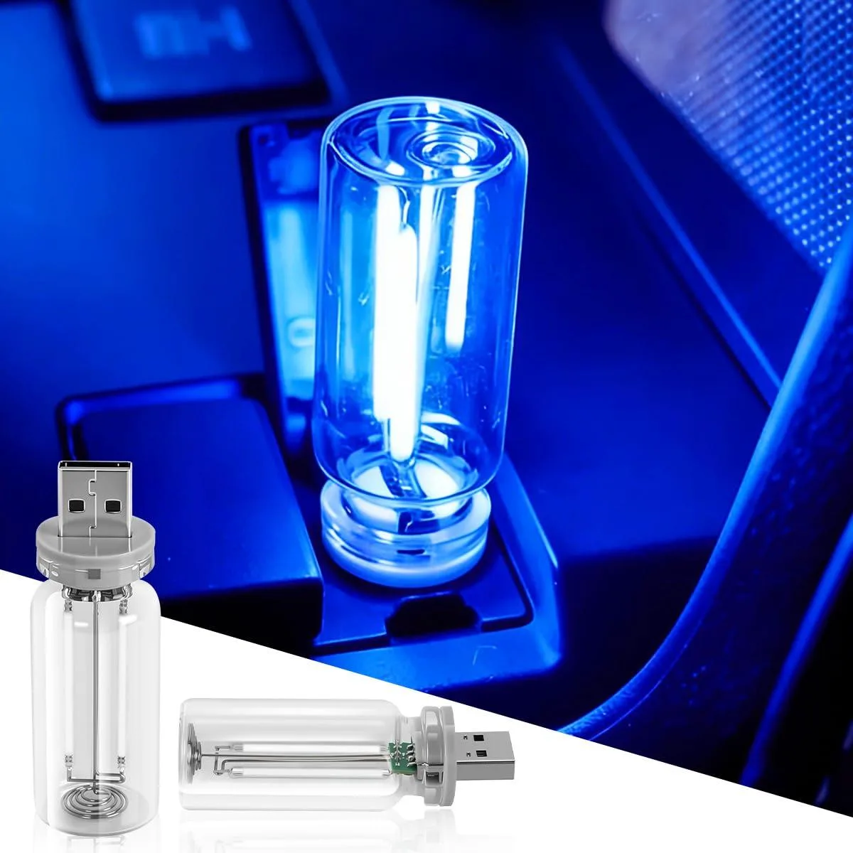 Two small blue USB LED lights with glass bulb finish and touch control base