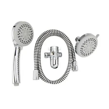 Chrome 3-way showerhead kit with handheld and fixed heads, 60-inch hose and diverter bracket