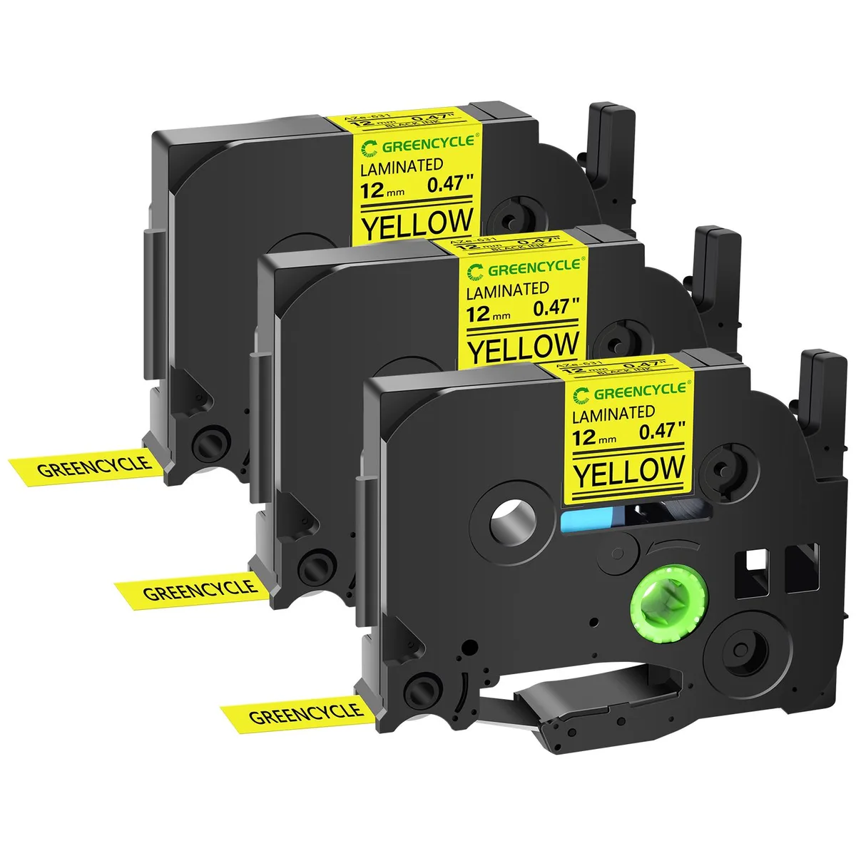 GREENCYCLE GREENCYCLE TZe-631 12mm Black on Yellow Laminated Label Tape 3 Pack — product photo