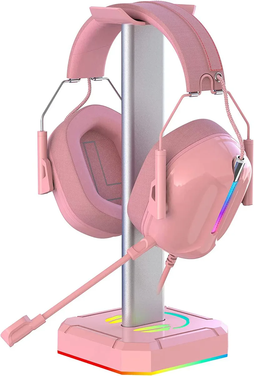 Pink aluminium headphone stand with RGB light strip on weighted rubber base