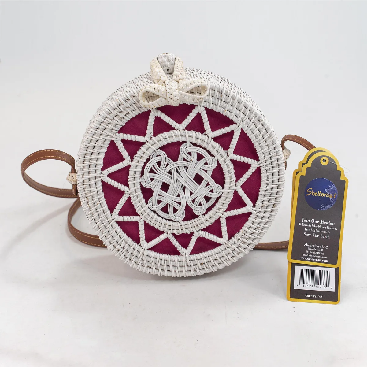 ShelterCast ShelterCast Handwoven Round Rattan Shoulder Bag Large White Pink Tassel — product photo