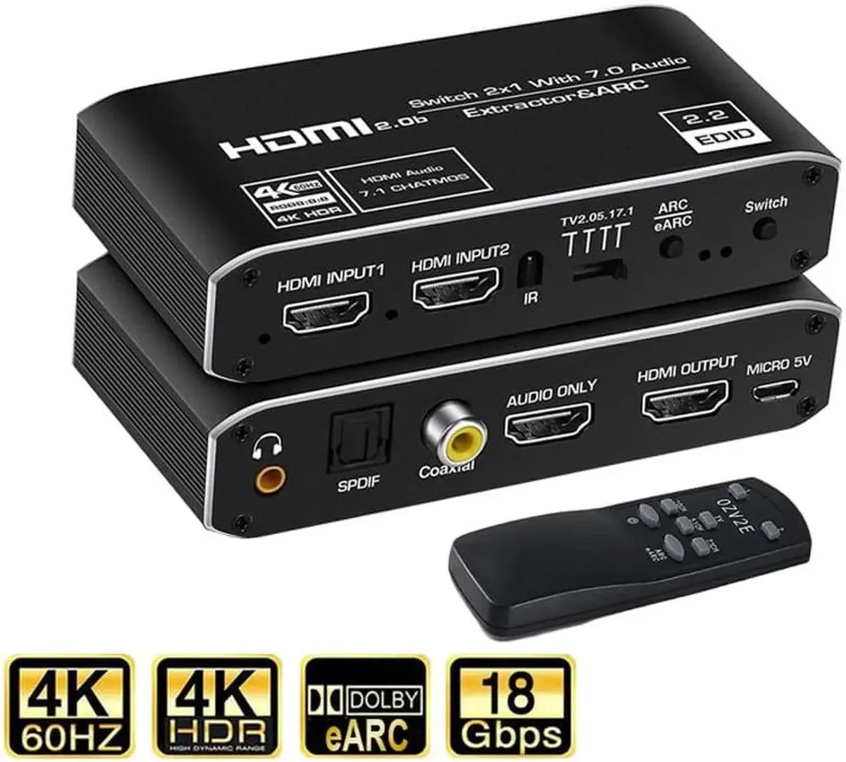 Vszerda Vszerda 2x1 HDMI Switch Audio Extractor 4K@60Hz 10bit HDR ARC eARC — product photo