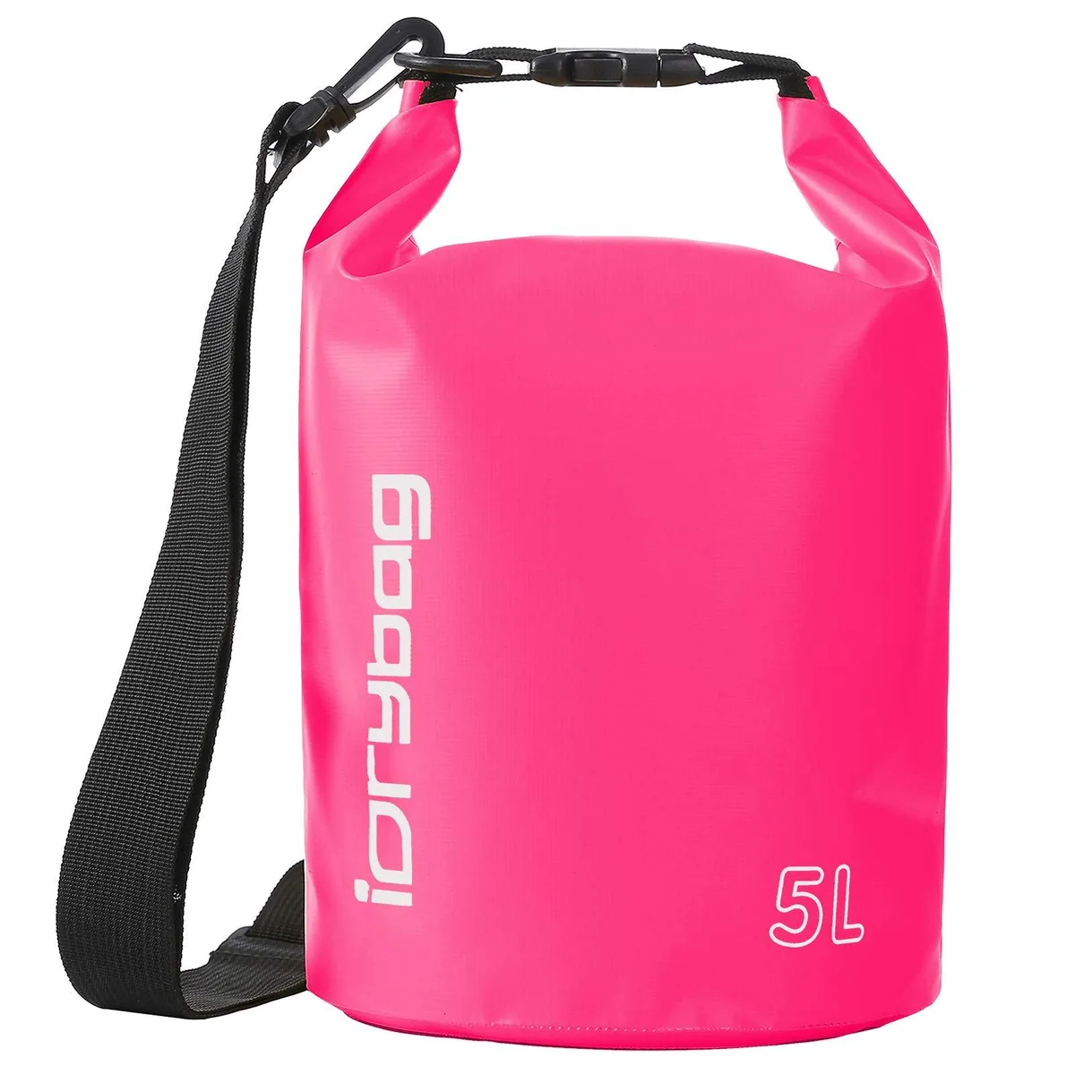 Rose-red cylindrical dry bag with roll-top closure and single shoulder strap