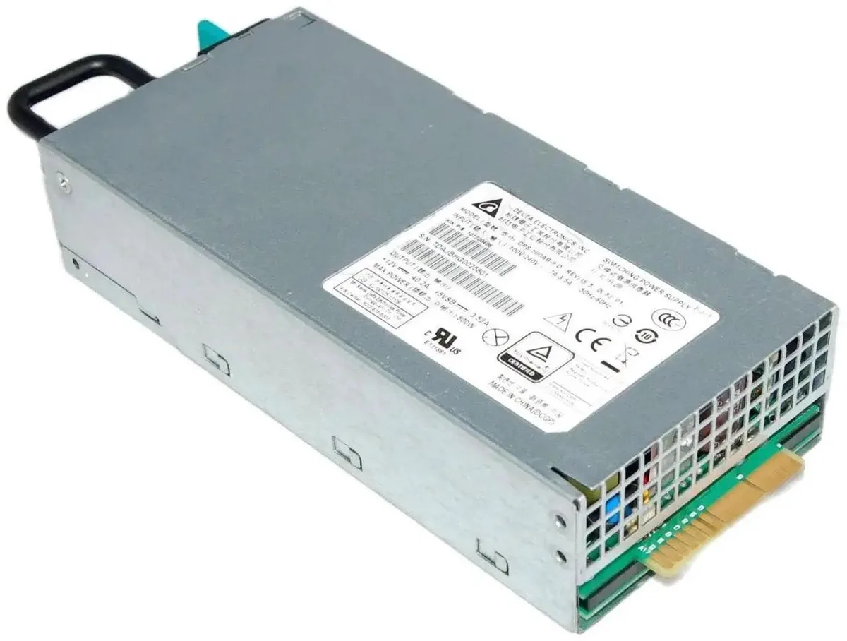 Rectangular silver server power supply unit with rear ventilation grille and power connector