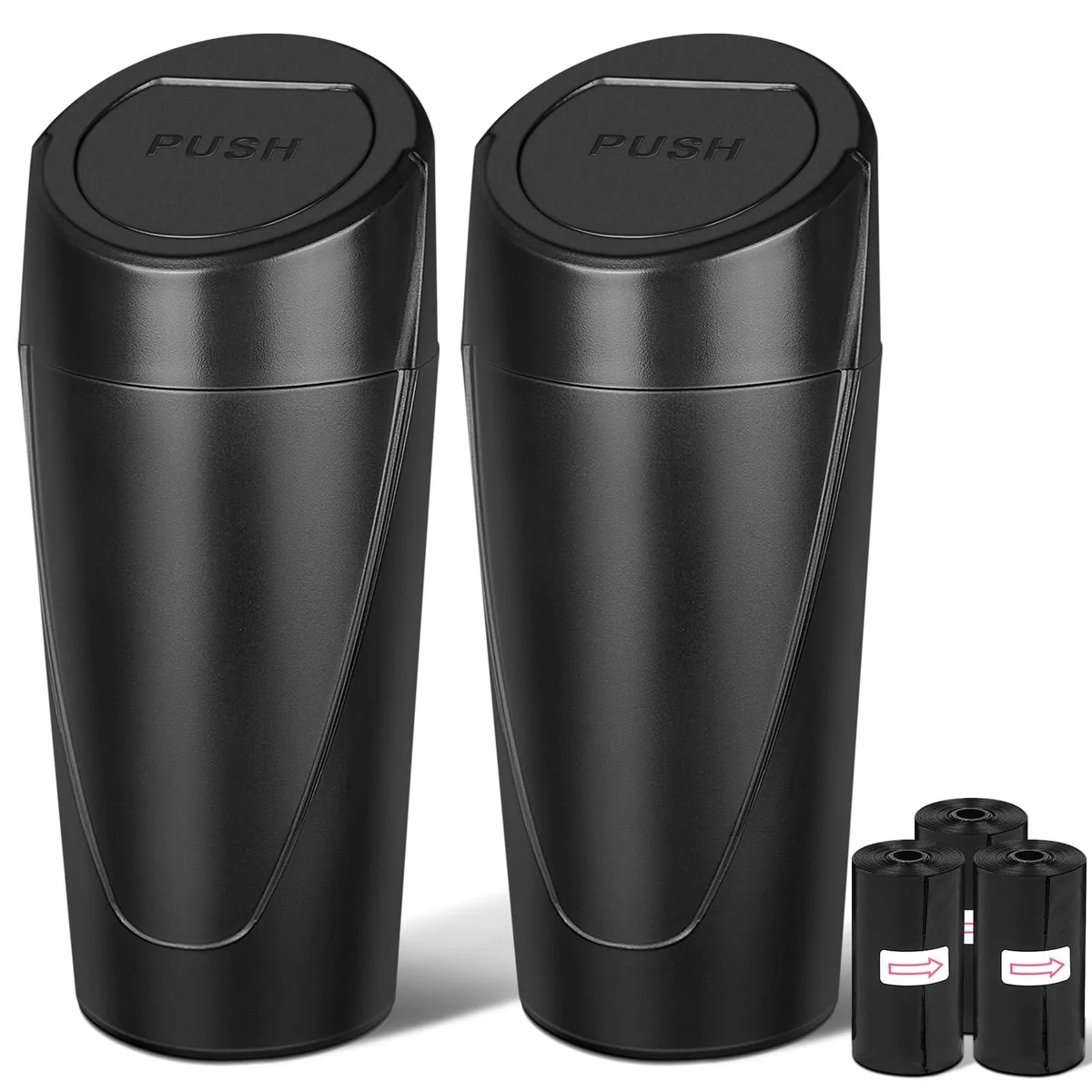 Two black plastic mini bins with flip lids, cup-holder size, 900 ml each, plus 60 bags