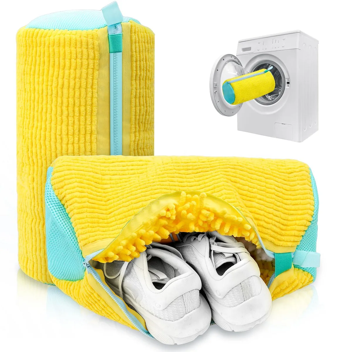 Yellow shoe laundry bag with side zipper and chenille fabric, two pieces