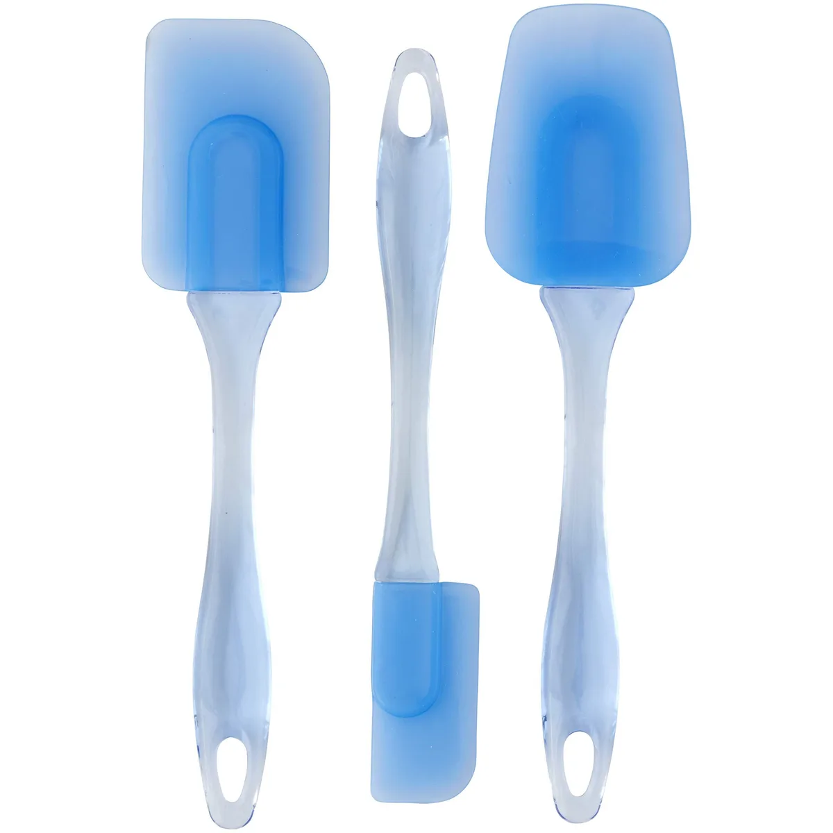 Three blue silicone spatulas with clear acrylic hourglass handles on a light background