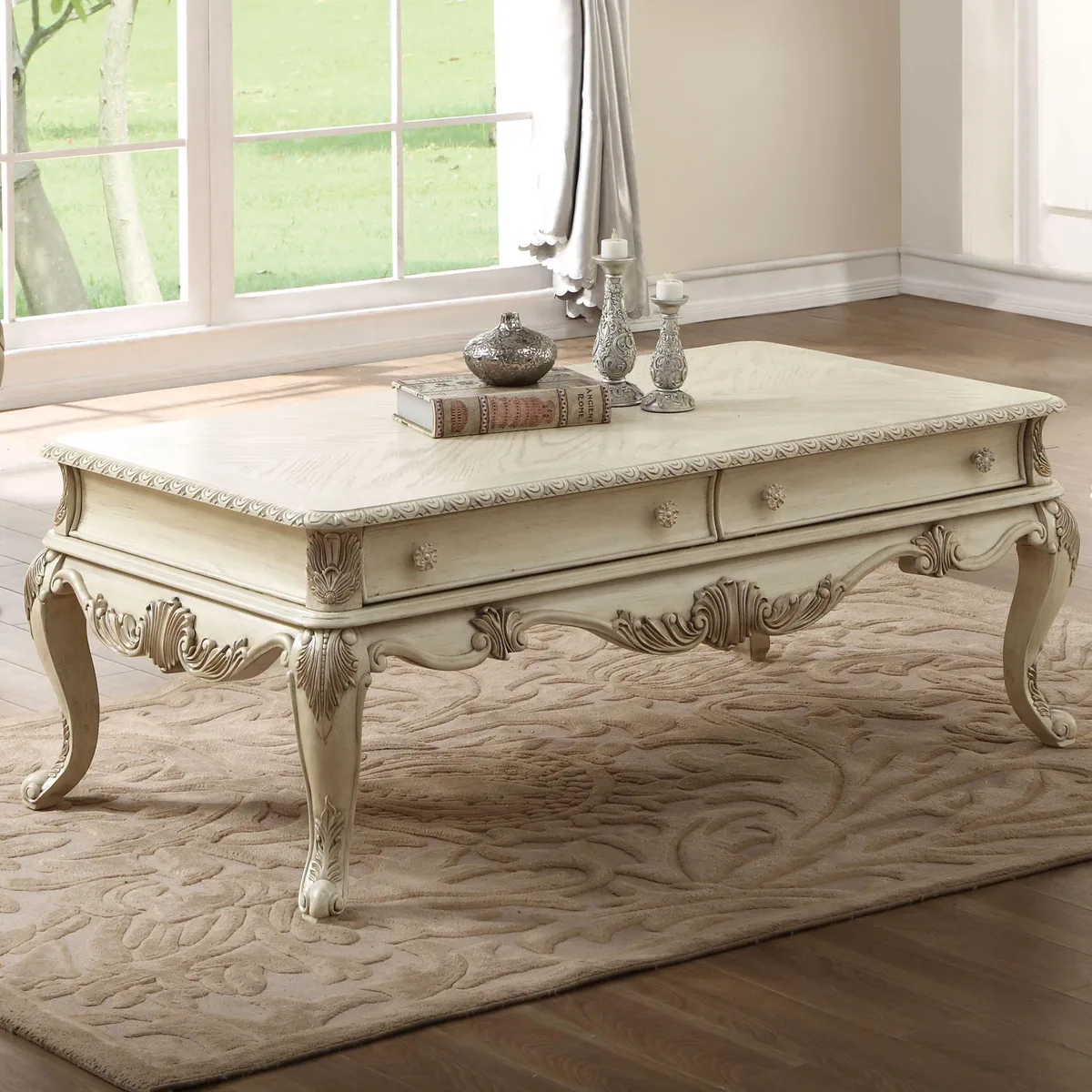 tuphen tuphen Antique White 2-Drawer Coffee Table with Cabriole Leg — product photo