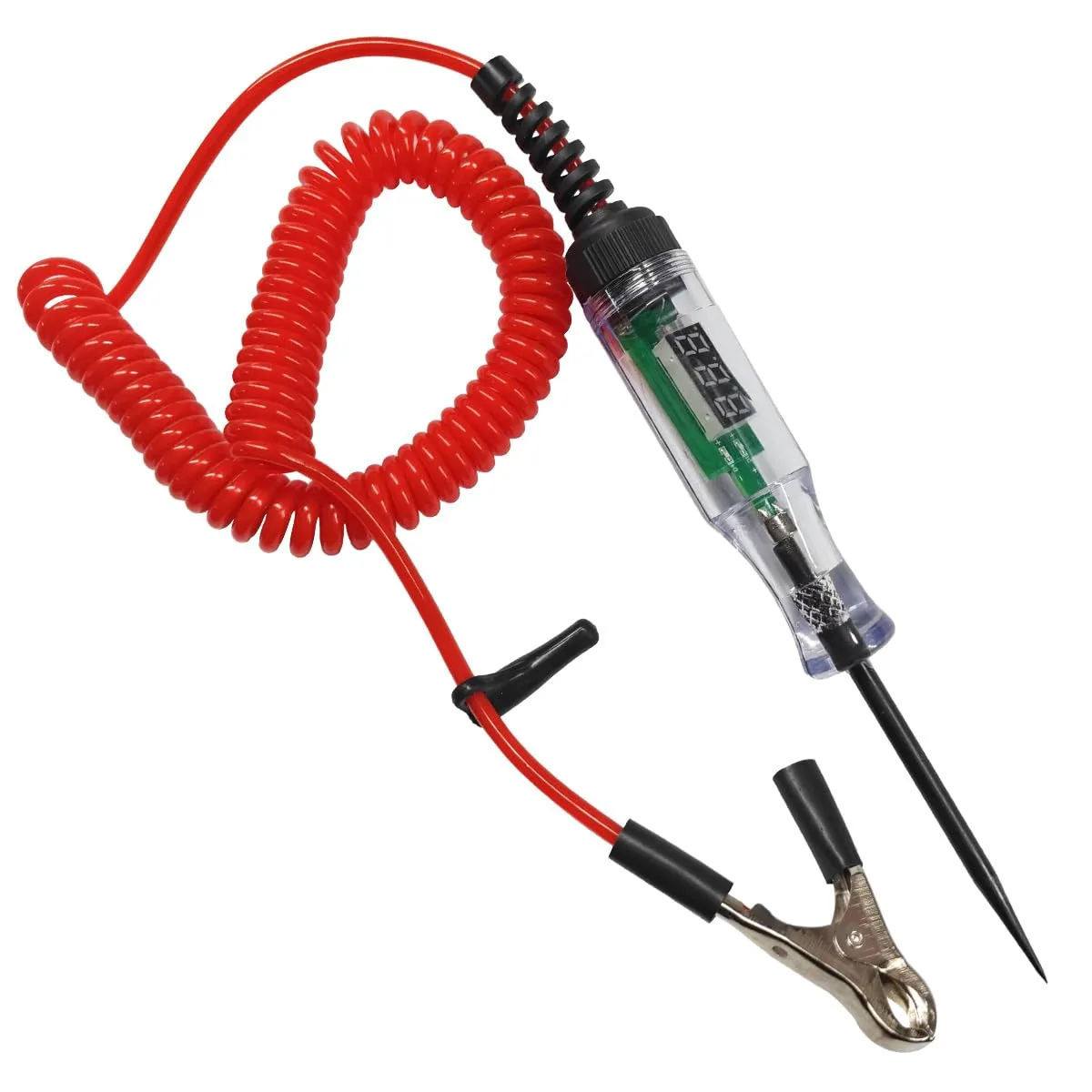 Red handheld voltage tester with LED display, spring wire and alligator clip, PVC finish
