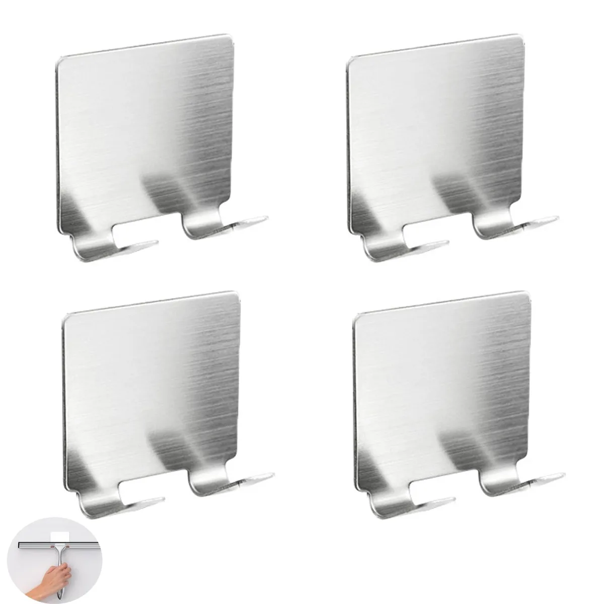 Four small silver stainless steel adhesive hooks with double grooves, each about 4.7 by 4.5 cm