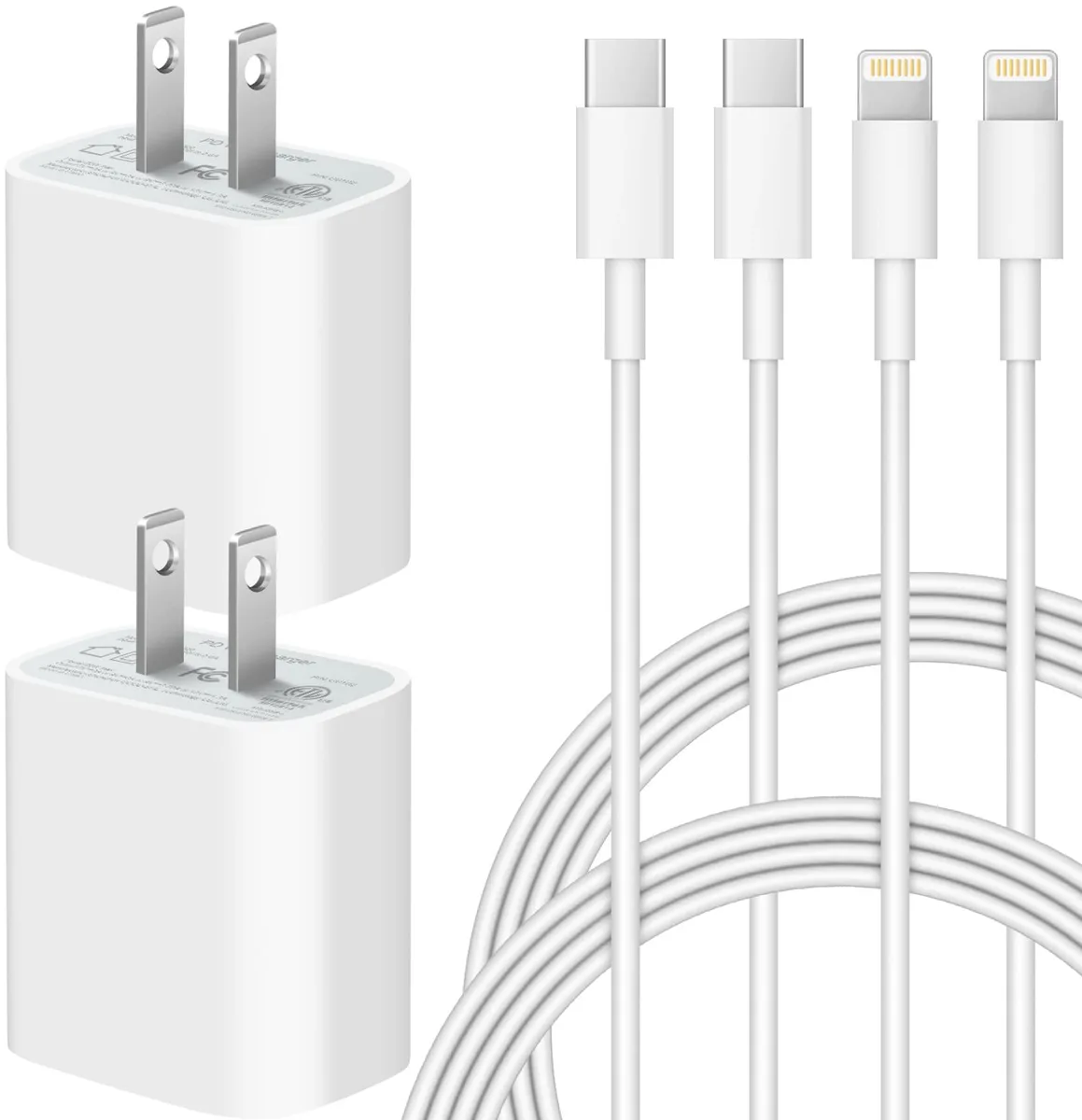 Two white USB-C wall chargers with two six-foot white Lightning cables