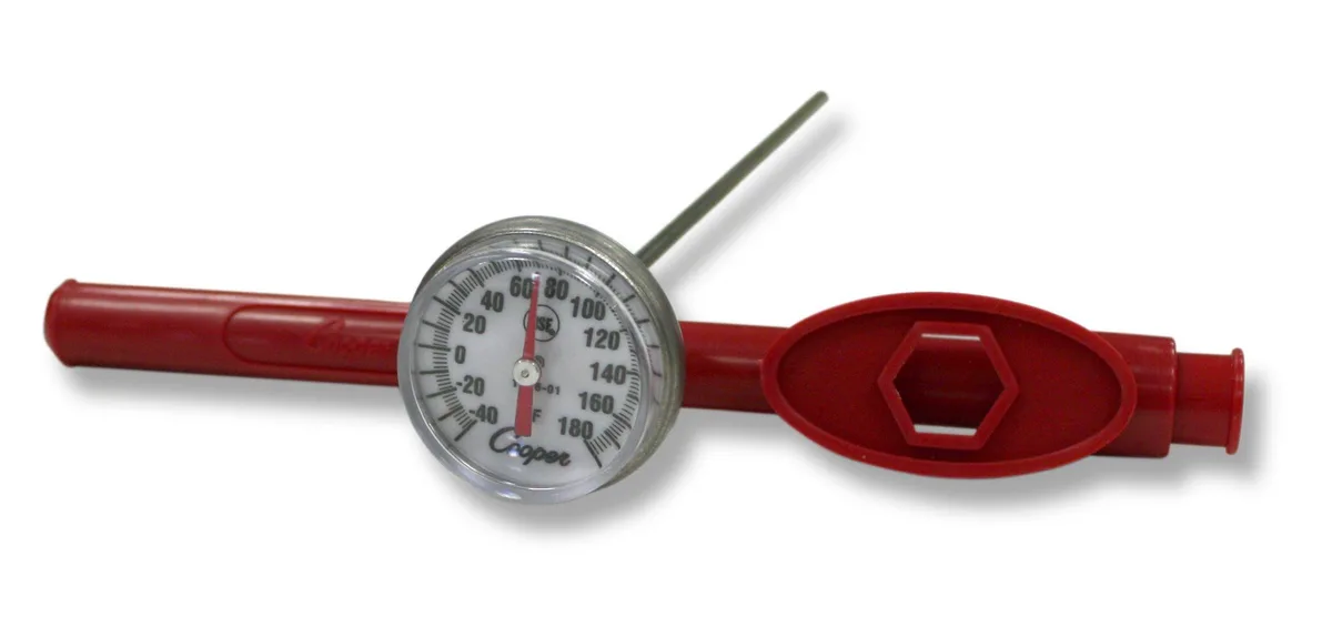 Stainless steel bi-metal pocket thermometer with 1 inch dial, 5 inch shaft and multicolor adjustment sheath